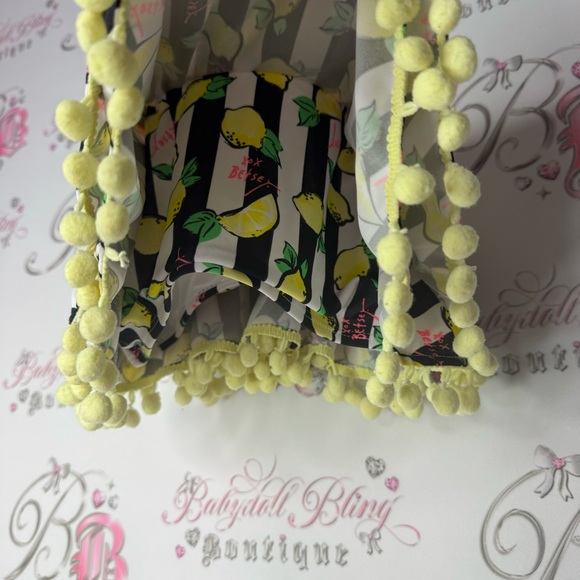 Betsy Johnson bikini top ruffle frilly Pom Pom trim Lemons π striped pink - Picture 7 of 12